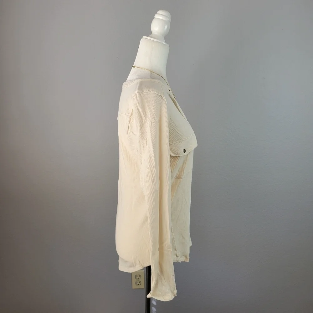 FREE PEOPLE // long sleeve plunge snap button flap pocket woven knit henley